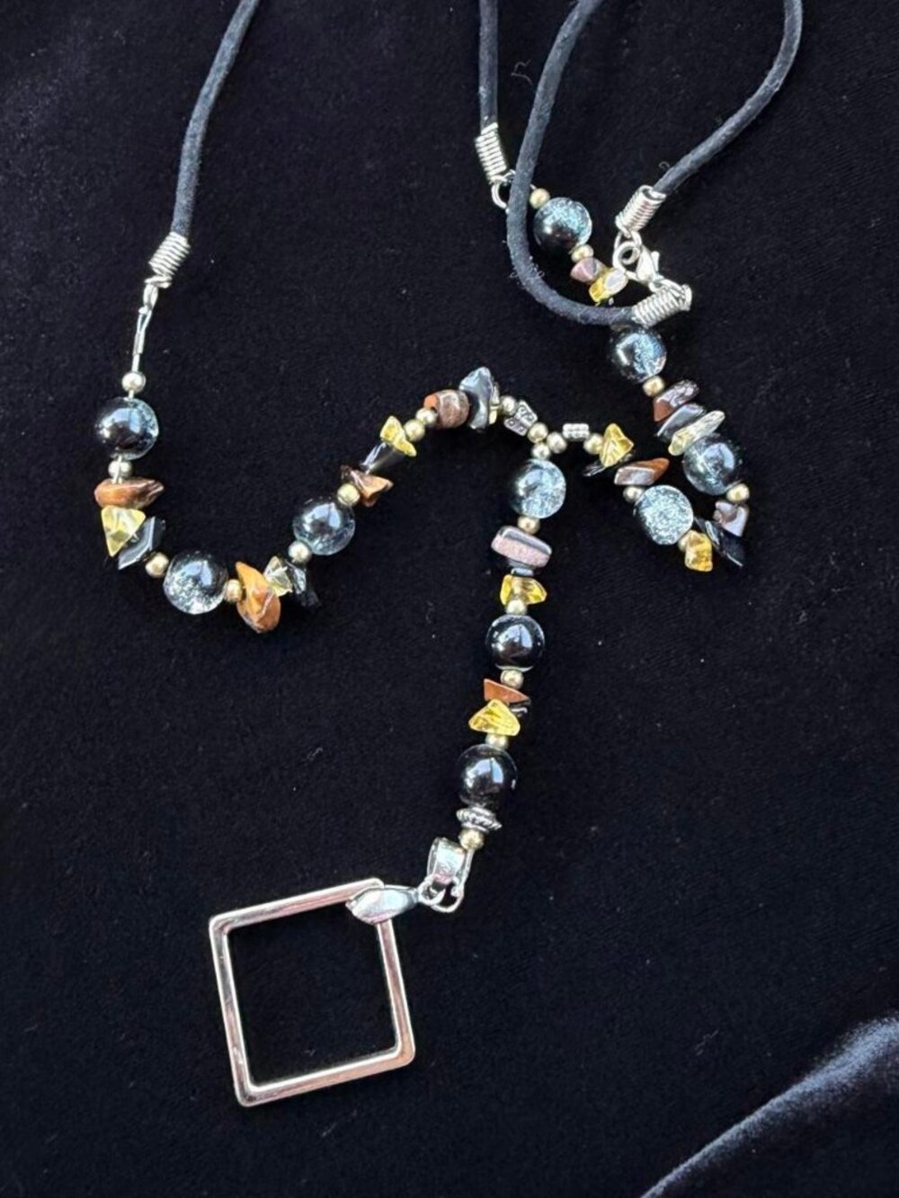 Multicoloured Beaded Necklace with Square Pendant